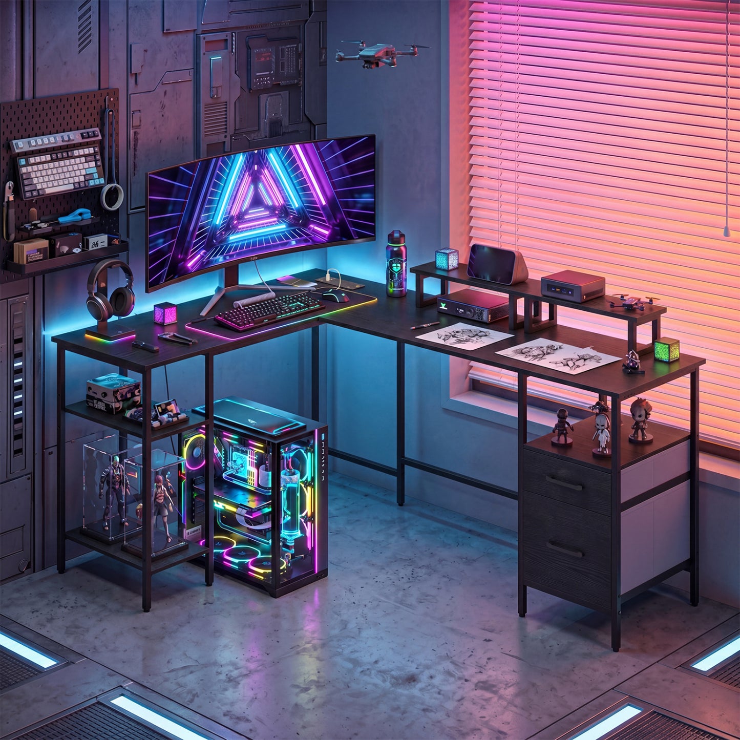 L Shaped Desk with Power Outlet, Reversible Computer Desk, Black L-Shaped Desks at Gallery Canada