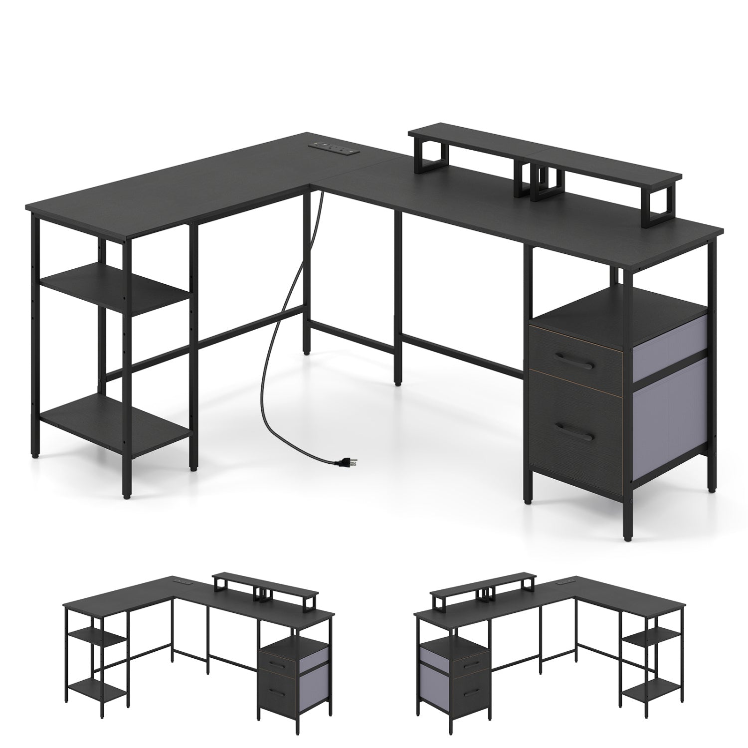 L Shaped Desk with Power Outlet, Reversible Computer Desk, Black L-Shaped Desks Black at Gallery Canada
