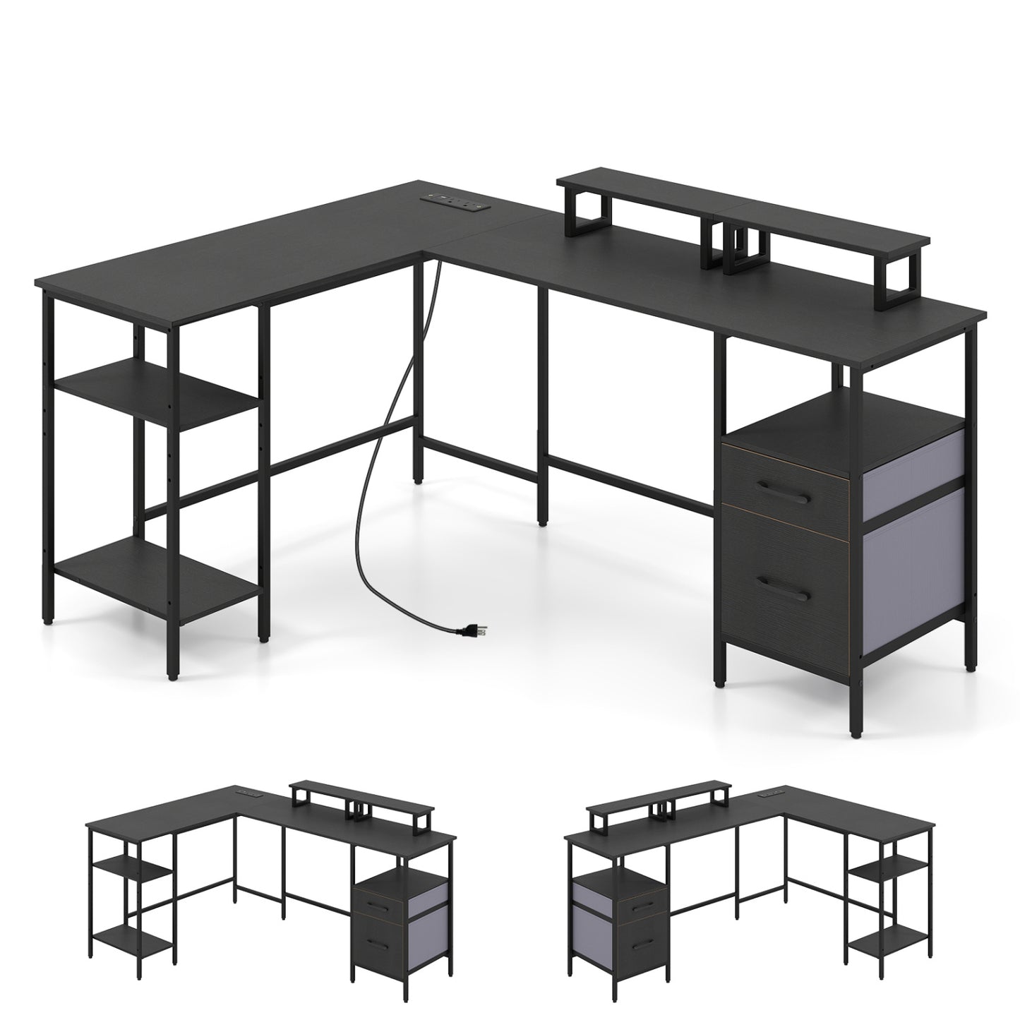 L Shaped Desk with Power Outlet, Reversible Computer Desk, Black L-Shaped Desks Black at Gallery Canada