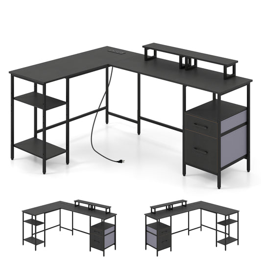 L Shaped Desk with Power Outlet, Reversible Computer Desk, Black L-Shaped Desks Black at Gallery Canada