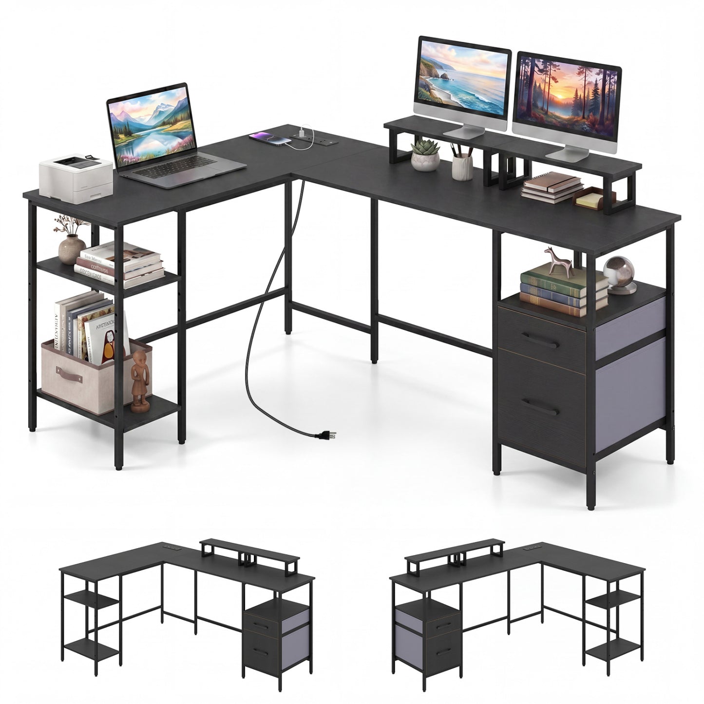 L Shaped Desk with Power Outlet, Reversible Computer Desk, Black L-Shaped Desks at Gallery Canada