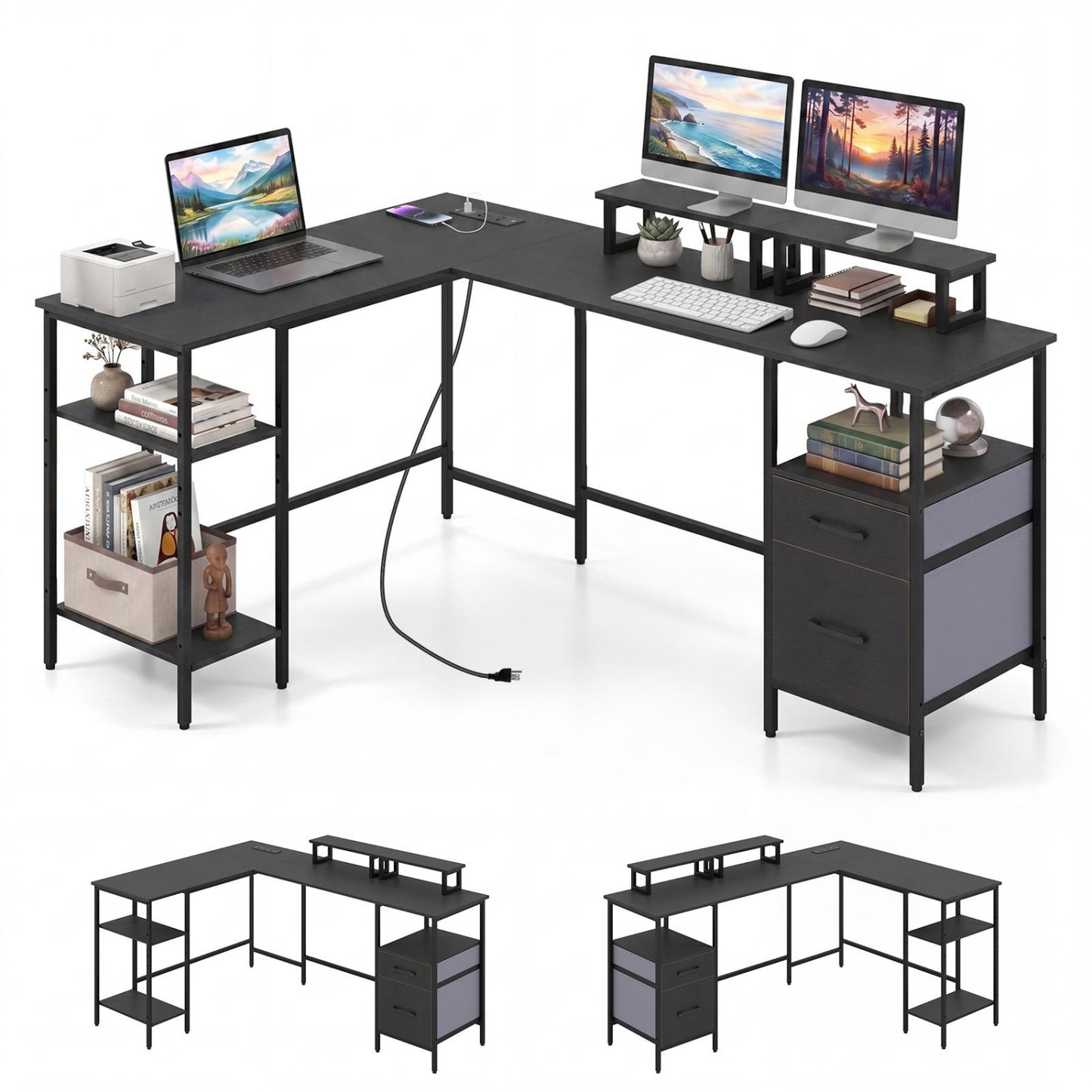 L Shaped Desk with Power Outlet, Reversible Computer Desk, Black L-Shaped Desks at Gallery Canada