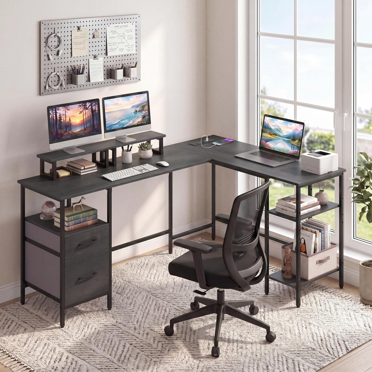 L Shaped Desk with Power Outlet, Reversible Computer Desk, Black L-Shaped Desks at Gallery Canada