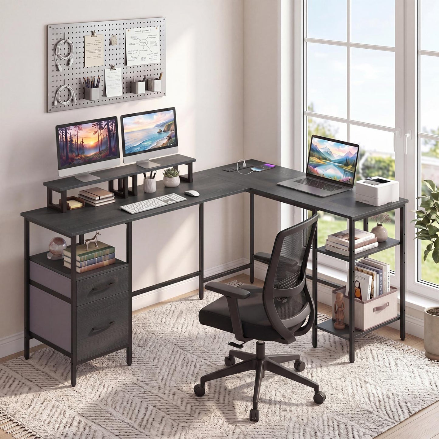 L Shaped Desk with Power Outlet, Reversible Computer Desk, Black L-Shaped Desks at Gallery Canada