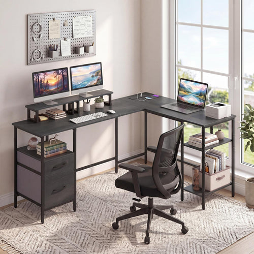 L Shaped Desk with Power Outlet, Reversible Computer Desk, Black