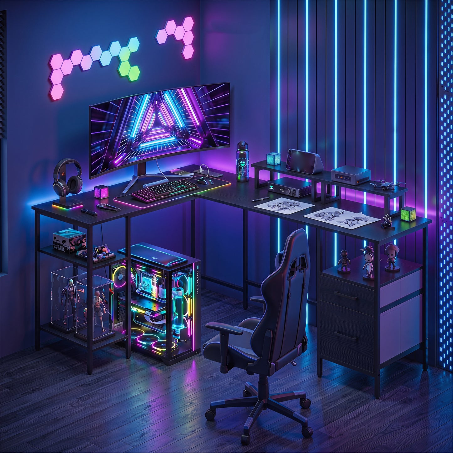 L Shaped Desk with Power Outlet, Reversible Computer Desk, Black L-Shaped Desks at Gallery Canada