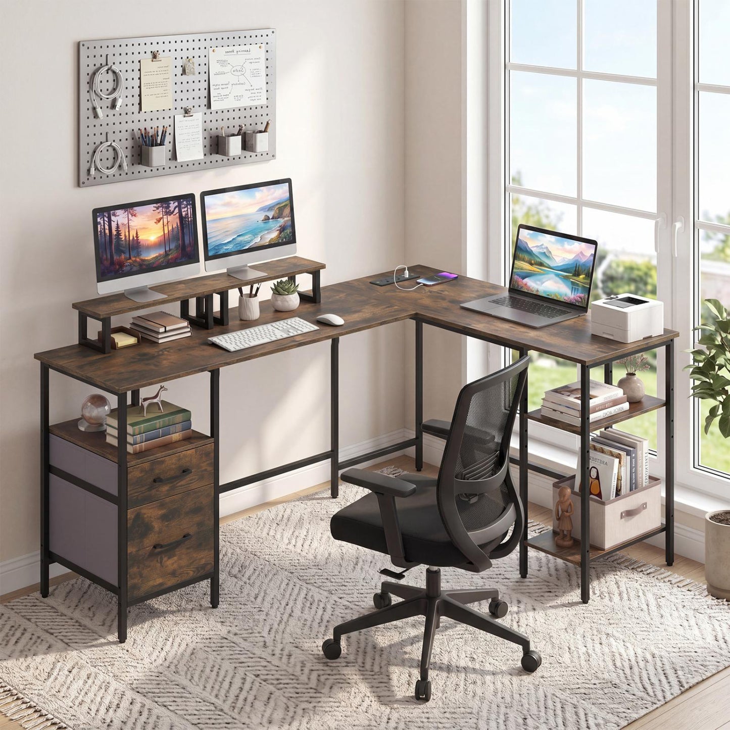 L Shaped Desk with Power Outlet Reversible Computer Desk with Monitor Stands, Rustic Brown L-Shaped Desks at Gallery Canada