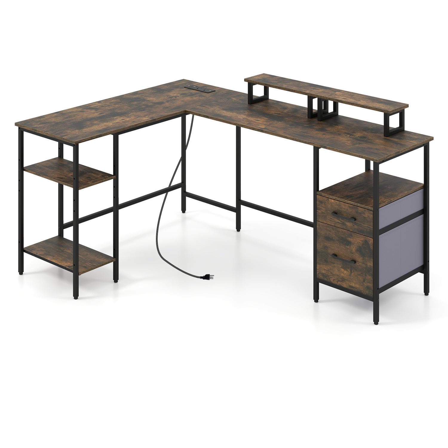 L Shaped Desk with Power Outlet Reversible Computer Desk with Monitor Stands, Rustic Brown L-Shaped Desks Rustic Brown at Gallery Canada