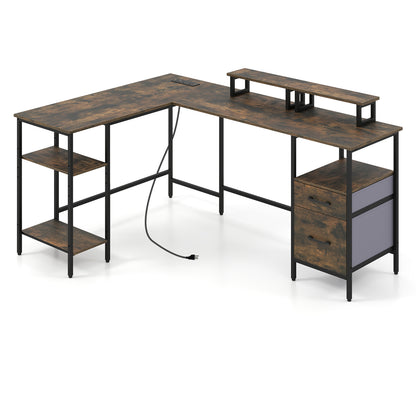 L Shaped Desk with Power Outlet Reversible Computer Desk with Monitor Stands, Rustic Brown L-Shaped Desks Rustic Brown at Gallery Canada