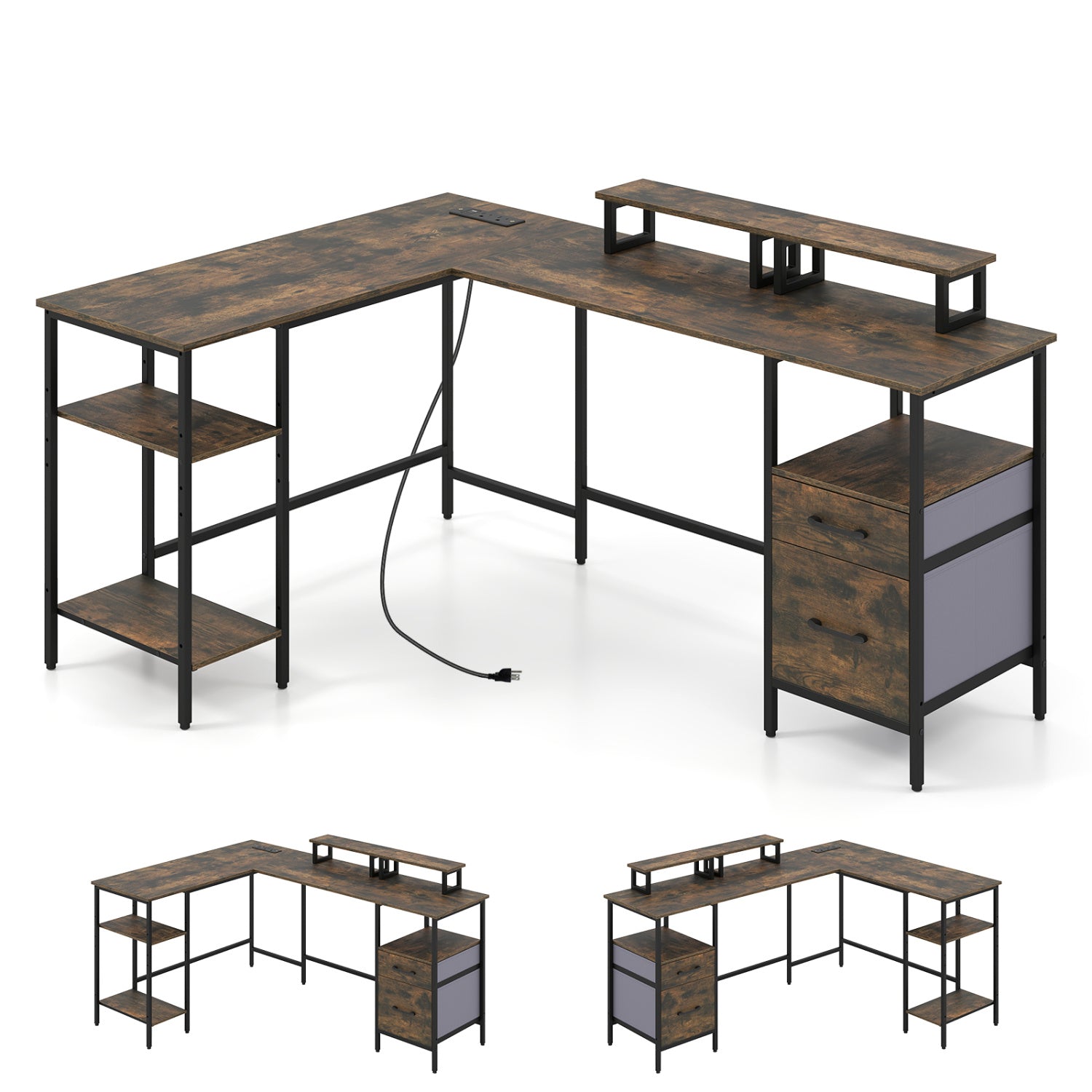 L Shaped Desk with Power Outlet Reversible Computer Desk with Monitor Stands, Rustic Brown L-Shaped Desks at Gallery Canada