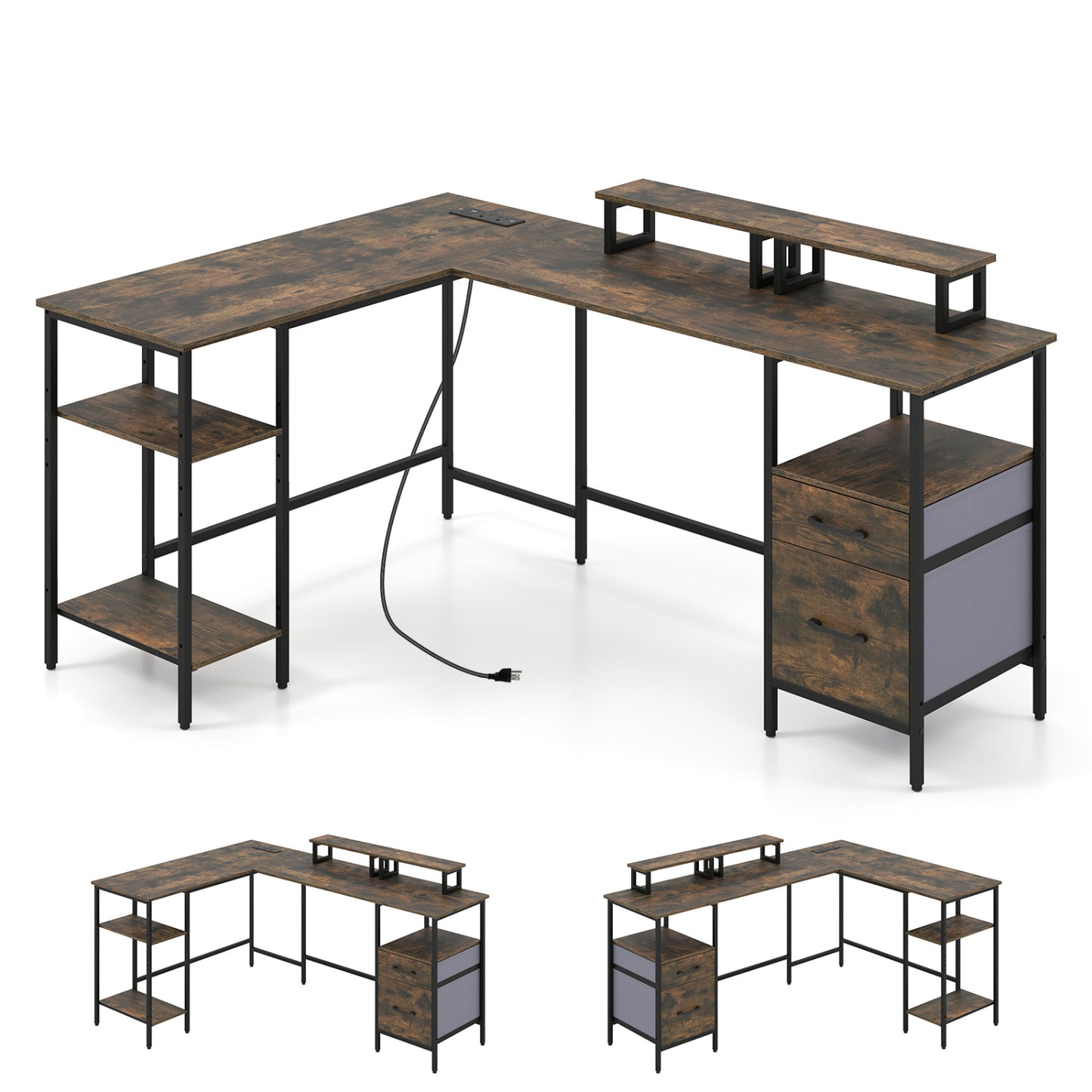 L Shaped Desk with Power Outlet Reversible Computer Desk with Monitor Stands, Rustic Brown L-Shaped Desks at Gallery Canada