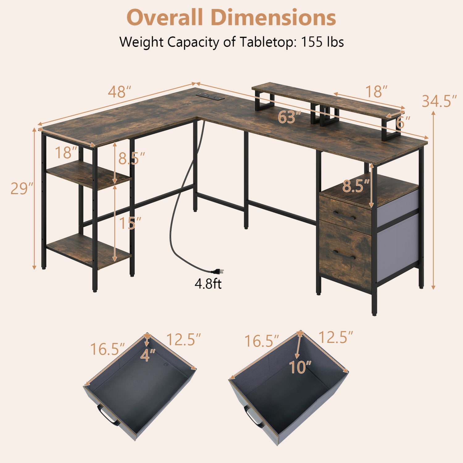 L Shaped Desk with Power Outlet Reversible Computer Desk with Monitor Stands, Rustic Brown L-Shaped Desks at Gallery Canada