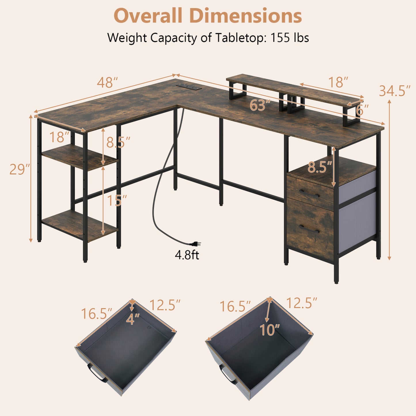 L Shaped Desk with Power Outlet Reversible Computer Desk with Monitor Stands, Rustic Brown L-Shaped Desks at Gallery Canada