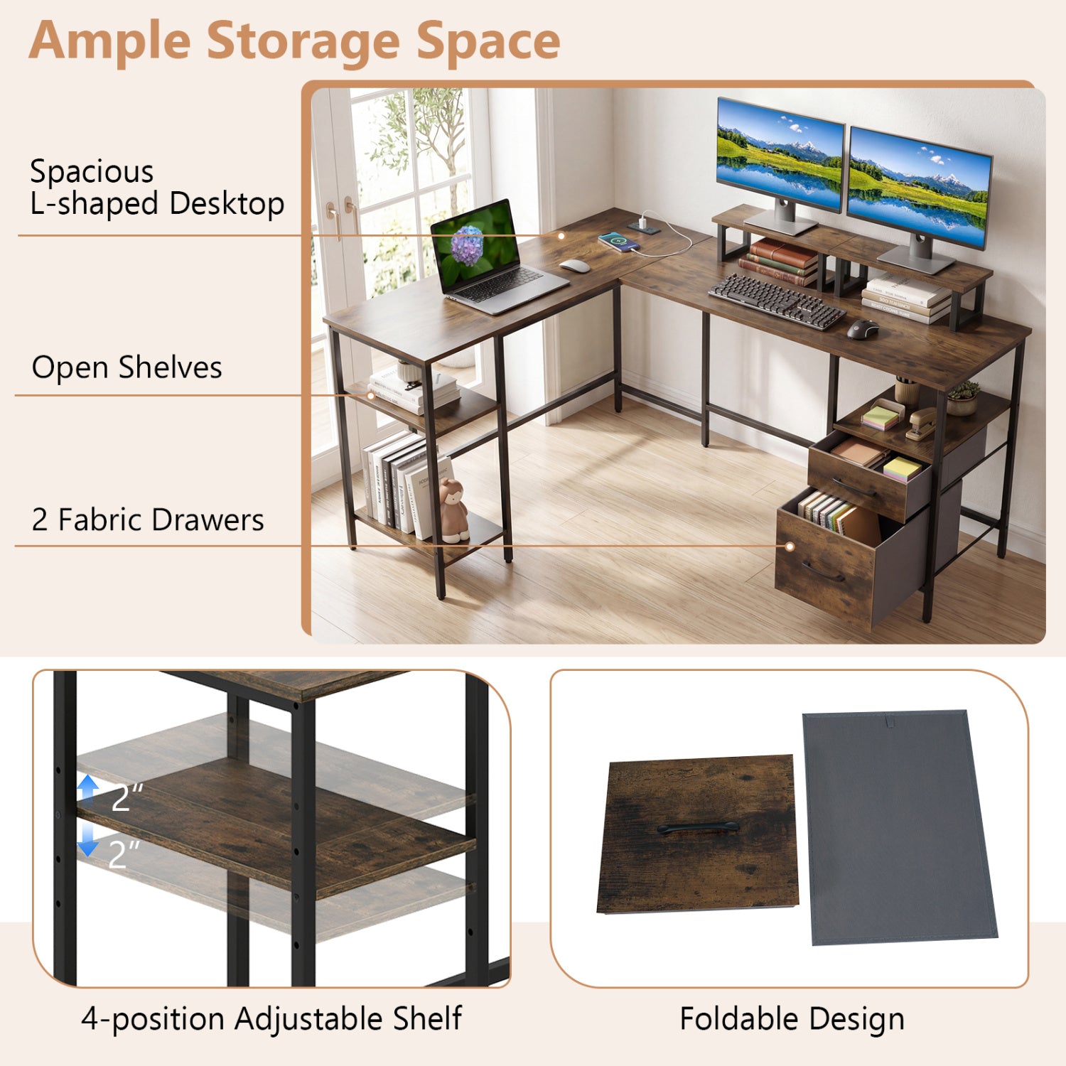 L Shaped Desk with Power Outlet Reversible Computer Desk with Monitor Stands, Rustic Brown L-Shaped Desks at Gallery Canada