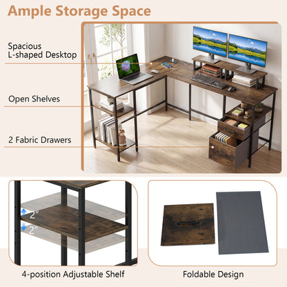 L Shaped Desk with Power Outlet Reversible Computer Desk with Monitor Stands, Rustic Brown L-Shaped Desks at Gallery Canada