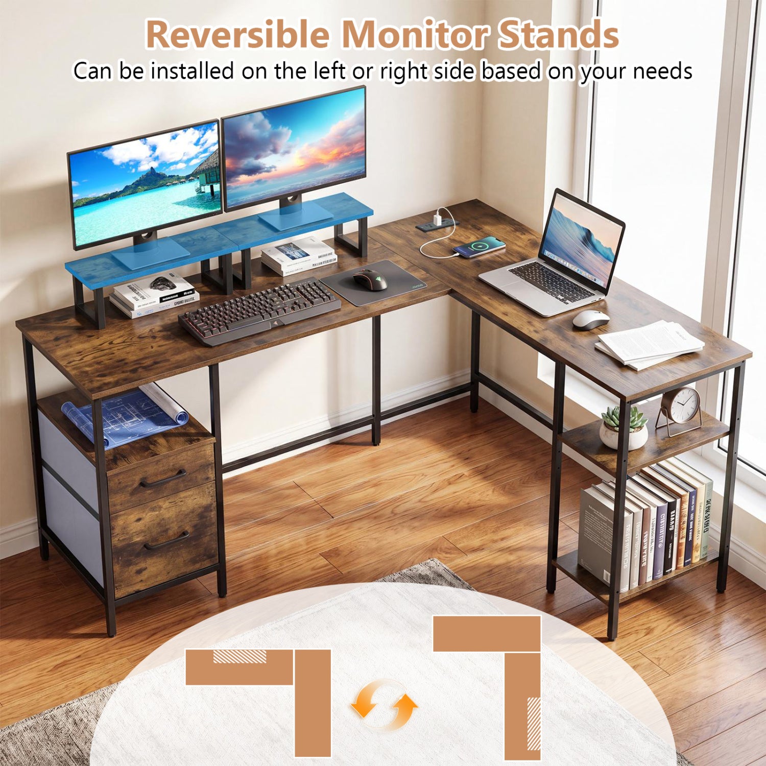 L Shaped Desk with Power Outlet Reversible Computer Desk with Monitor Stands, Rustic Brown L-Shaped Desks at Gallery Canada