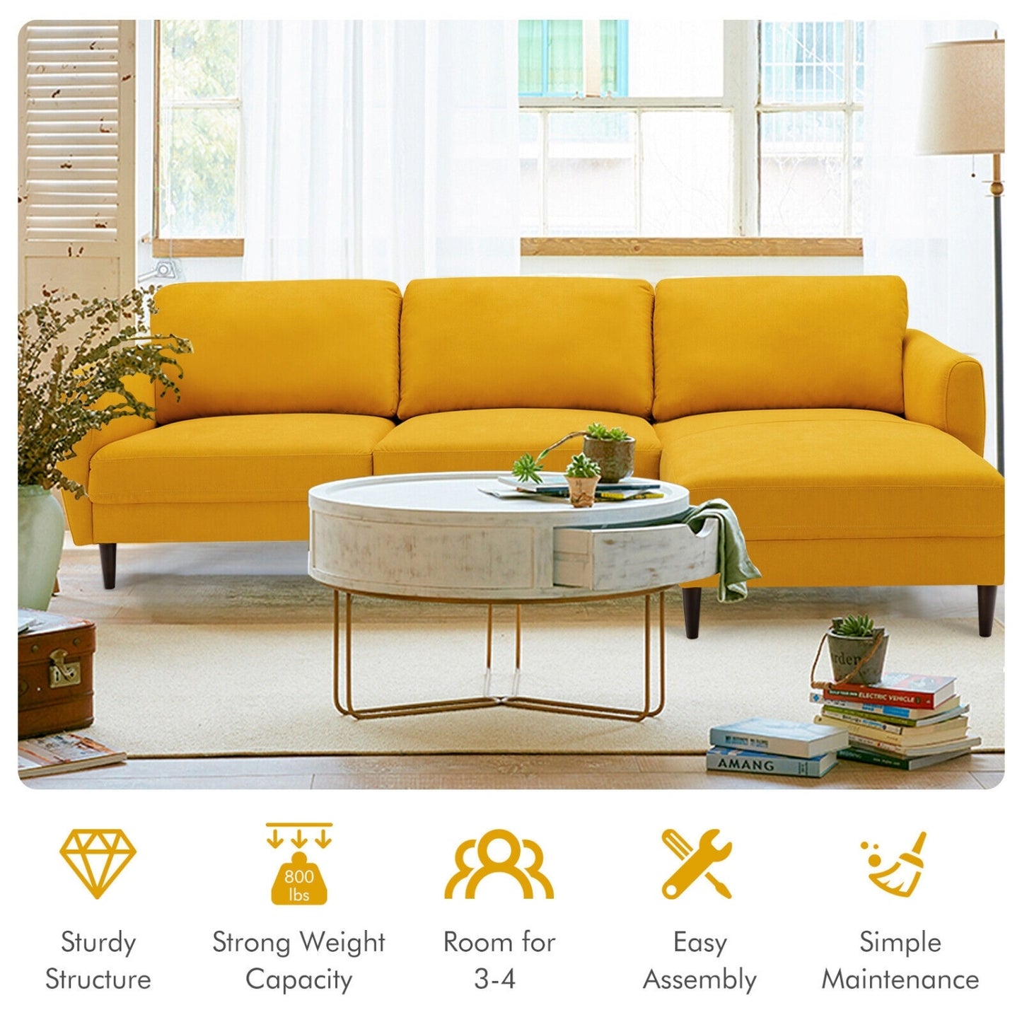 L-Shaped Fabric Sectional Sofa With Chaise Lounge, Yellow Sofas & Loveseats at Gallery Canada