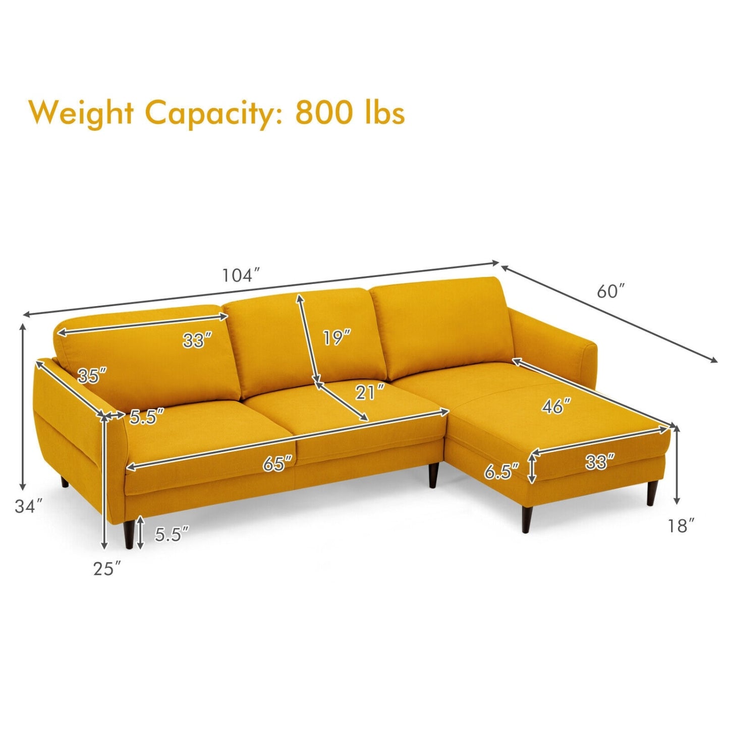 L-Shaped Fabric Sectional Sofa With Chaise Lounge, Yellow Sofas & Loveseats at Gallery Canada