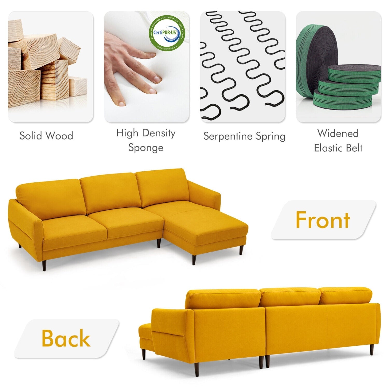 L-Shaped Fabric Sectional Sofa With Chaise Lounge, Yellow Sofas & Loveseats at Gallery Canada