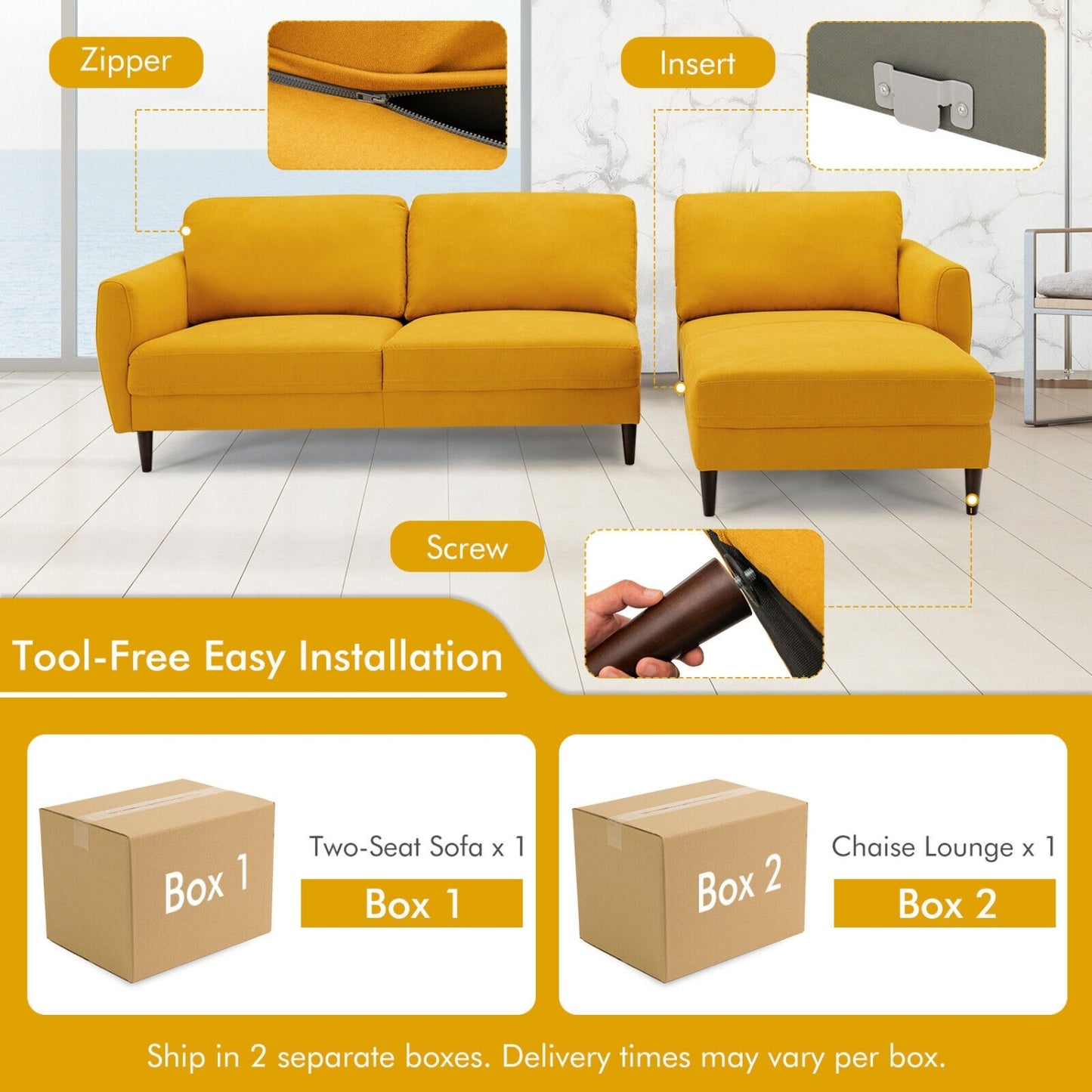 L-Shaped Fabric Sectional Sofa With Chaise Lounge, Yellow Sofas & Loveseats at Gallery Canada