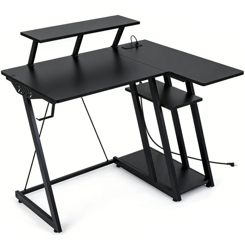 L Shaped Gaming Desk With Outlets And USB Ports, Black