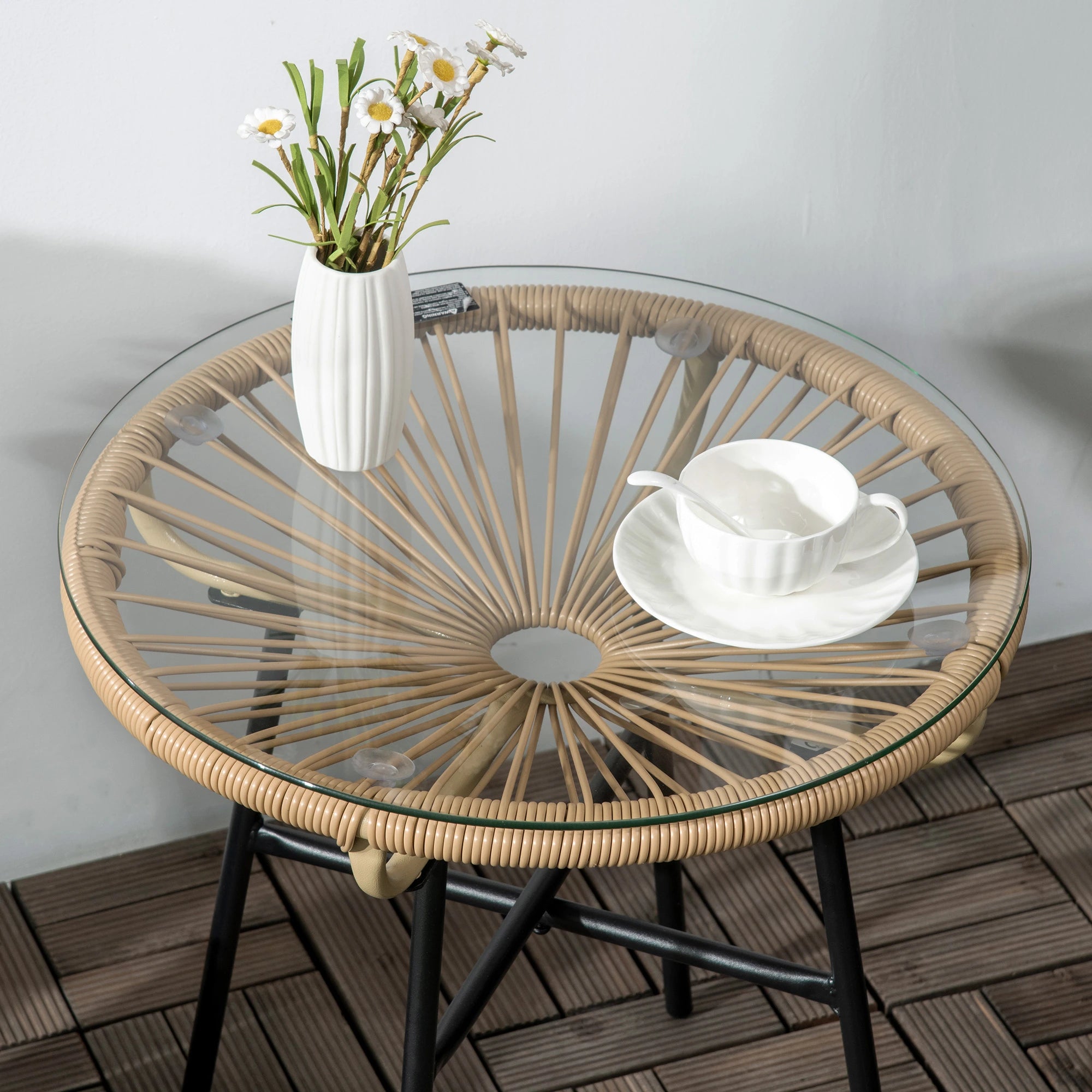 Round Rattan Side Table, Outdoor, PE Rattan, Tempered Glass Top, Beige Patio Side Tables at Gallery Canada