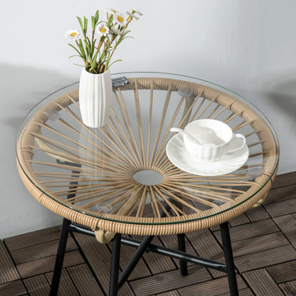 Round Rattan Side Table, Outdoor, PE Rattan, Tempered Glass Top, Beige Patio Side Tables at Gallery Canada