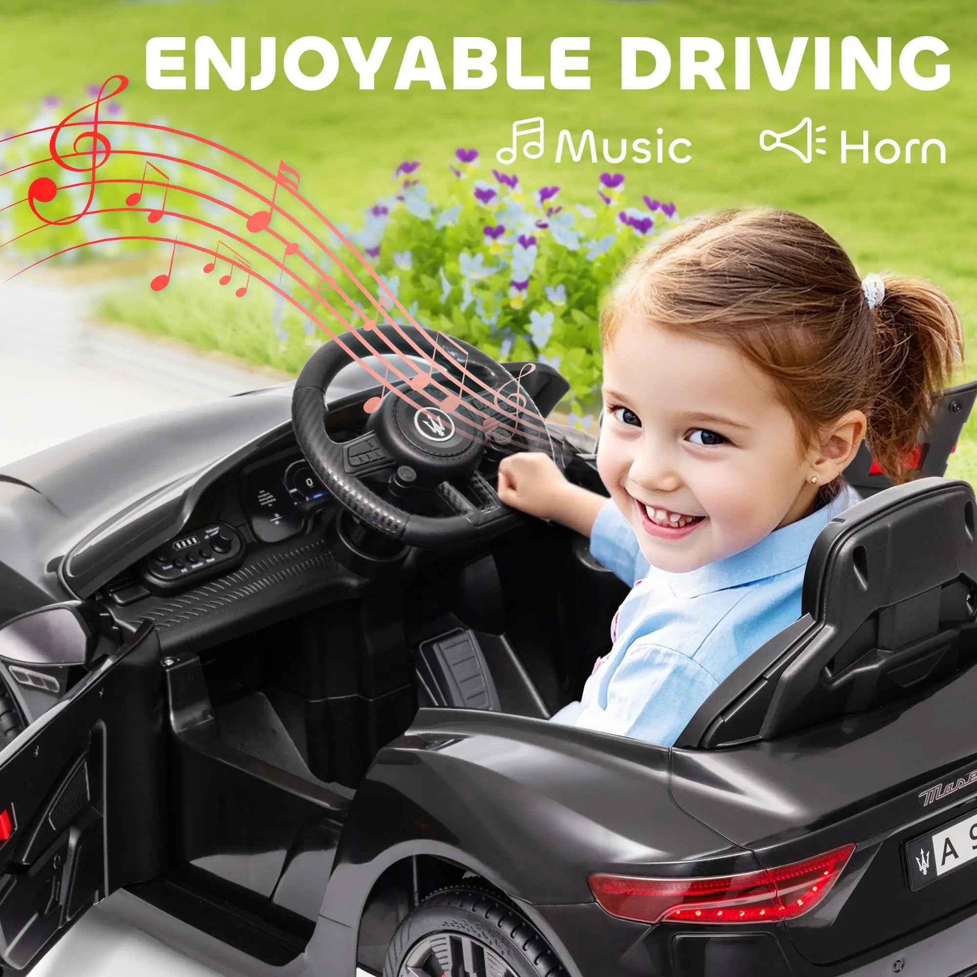 12V Maserati Kids Electric Car, Remote Control, LED Lights, MP3, Black Electric Toy Cars at Gallery Canada