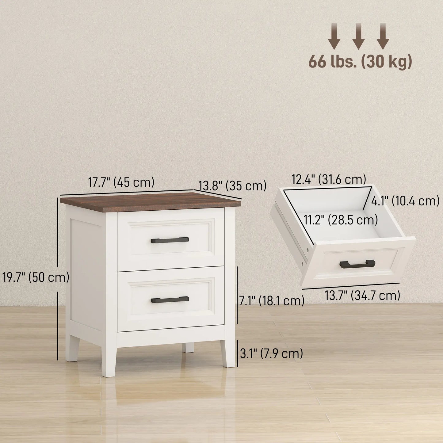 Farmhouse Nightstand Set of 2, 2 Drawers, White Bedside Tables at Gallery Canada