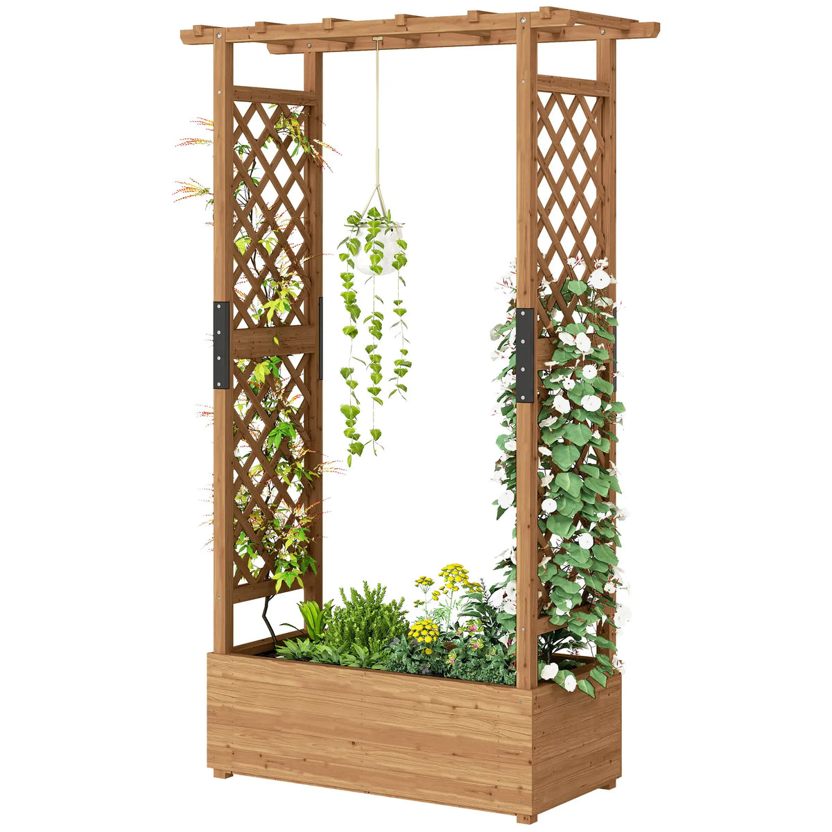 Lit de jardin surélevé en bois avec treillis et toit suspendu, orange