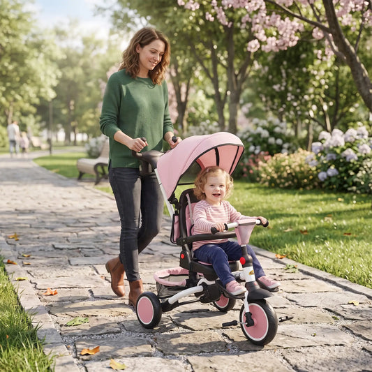 6 in 1 Toddler Tricycle, Push Handle, Removable Canopy, Rotatable Seat, Pink Tricycles for Kids Pink at Gallery Canada