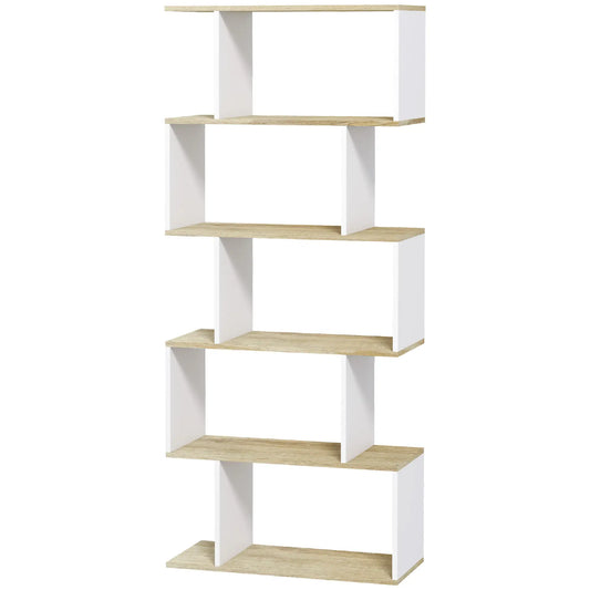 5-Tier Geometric S Shaped Bookcase, Tall Narrow Display Shelf, White Display Bookshelves White, Oak at Gallery Canada