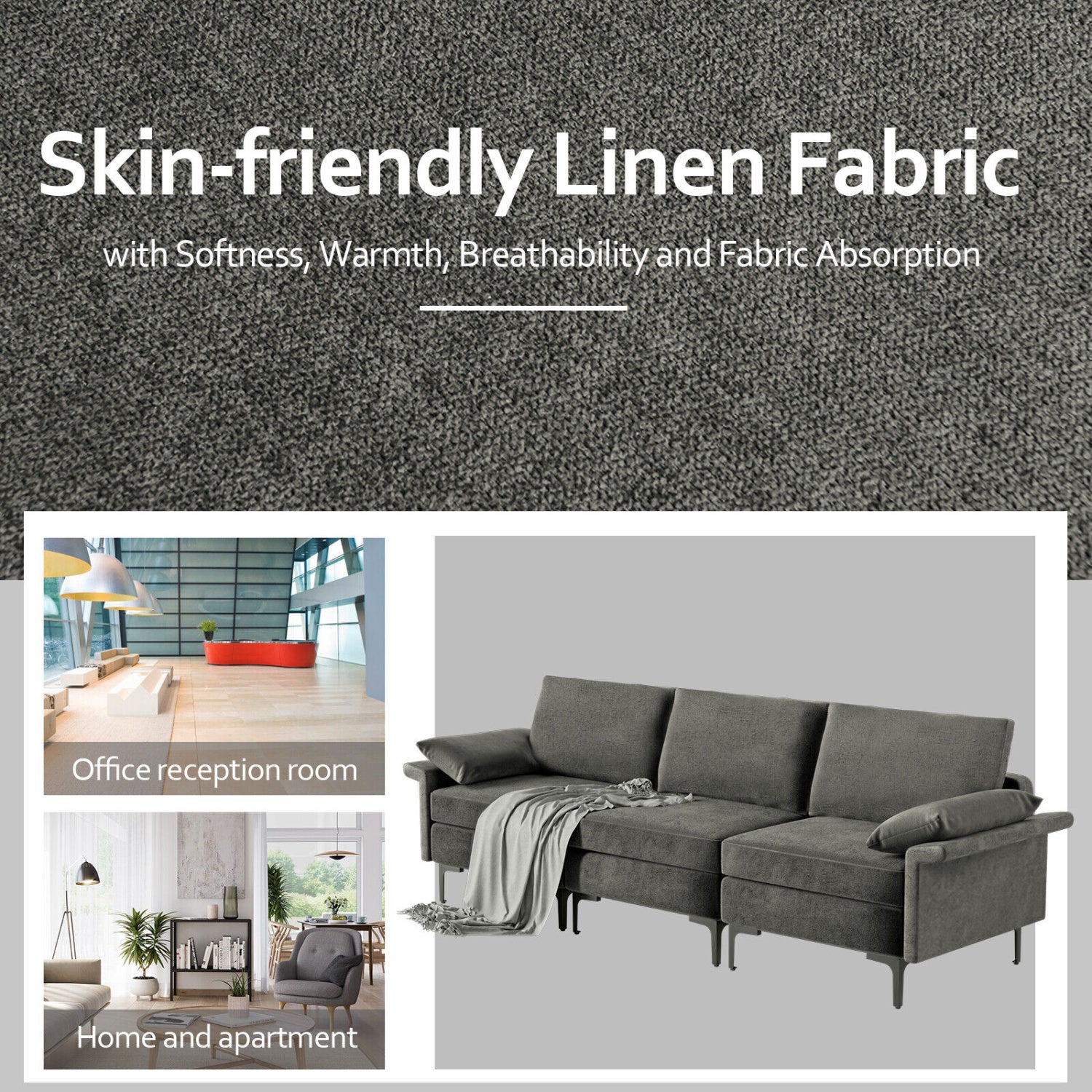 Large 3-Seat Sofa Sectional, Metal Legs, Gray Sofas & Loveseats at Gallery Canada