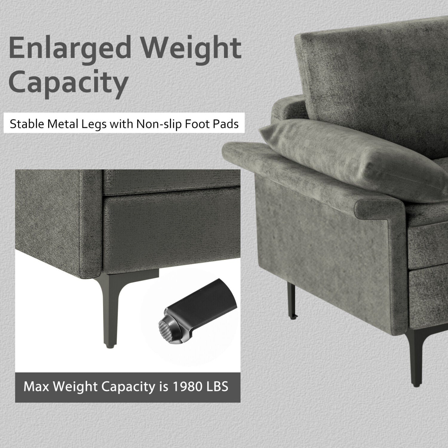 Large 3-Seat Sofa Sectional, Metal Legs, Gray Sofas & Loveseats at Gallery Canada