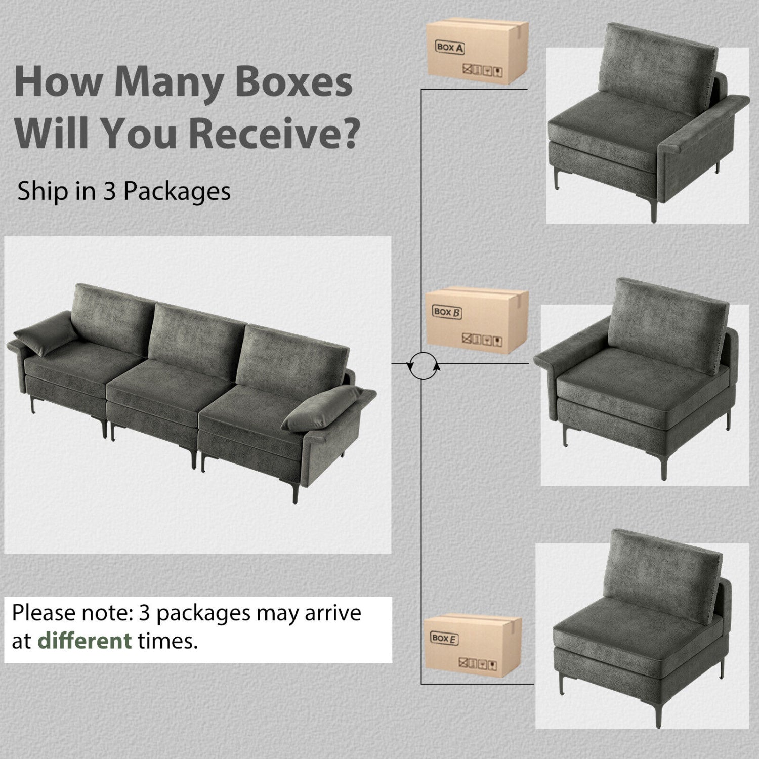 Large 3-Seat Sofa Sectional, Metal Legs, Gray Sofas & Loveseats at Gallery Canada