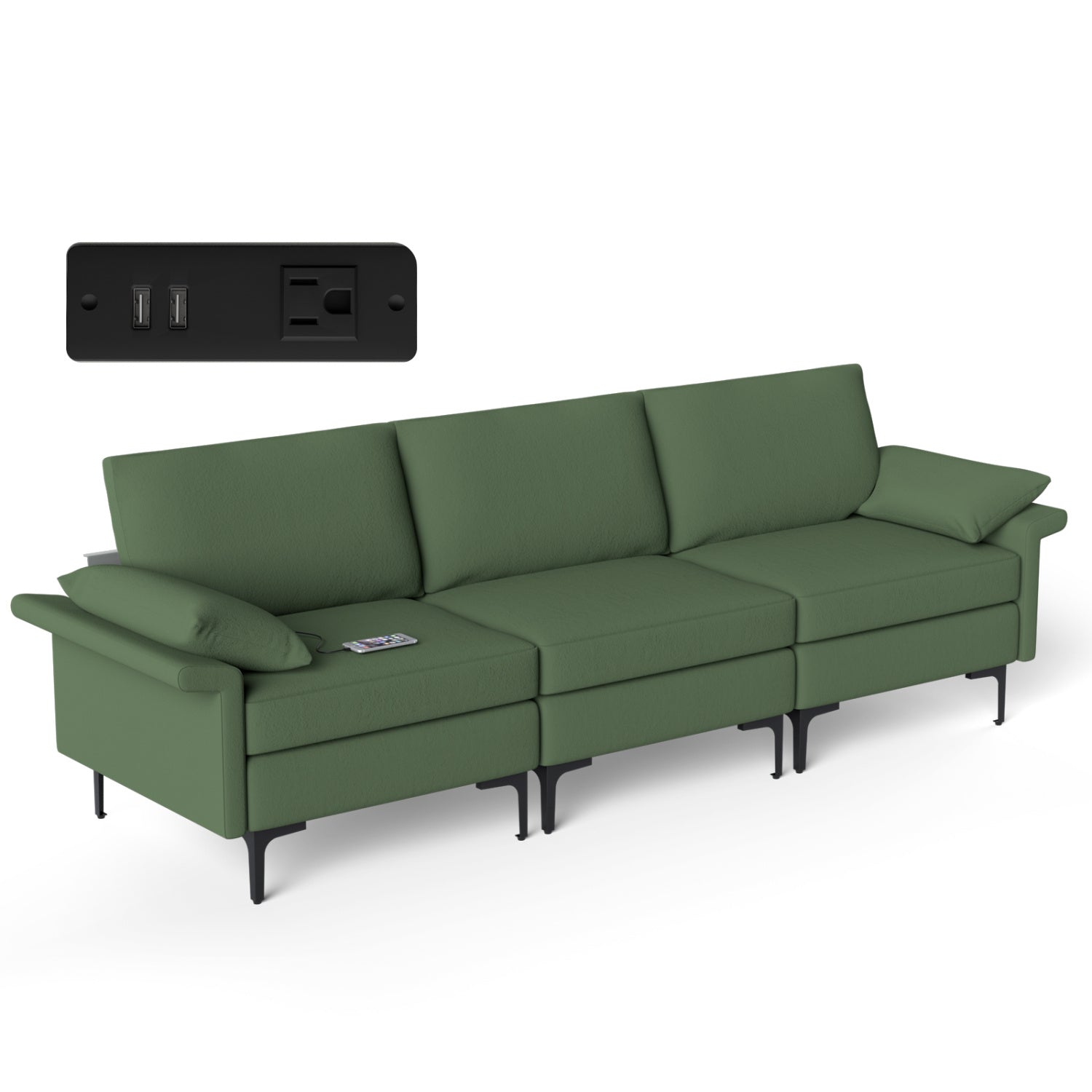 Large 3-Seat Sofa Sectional, Metal Legs, 2 USB Ports, Army Green Sofas & Loveseats at Gallery Canada