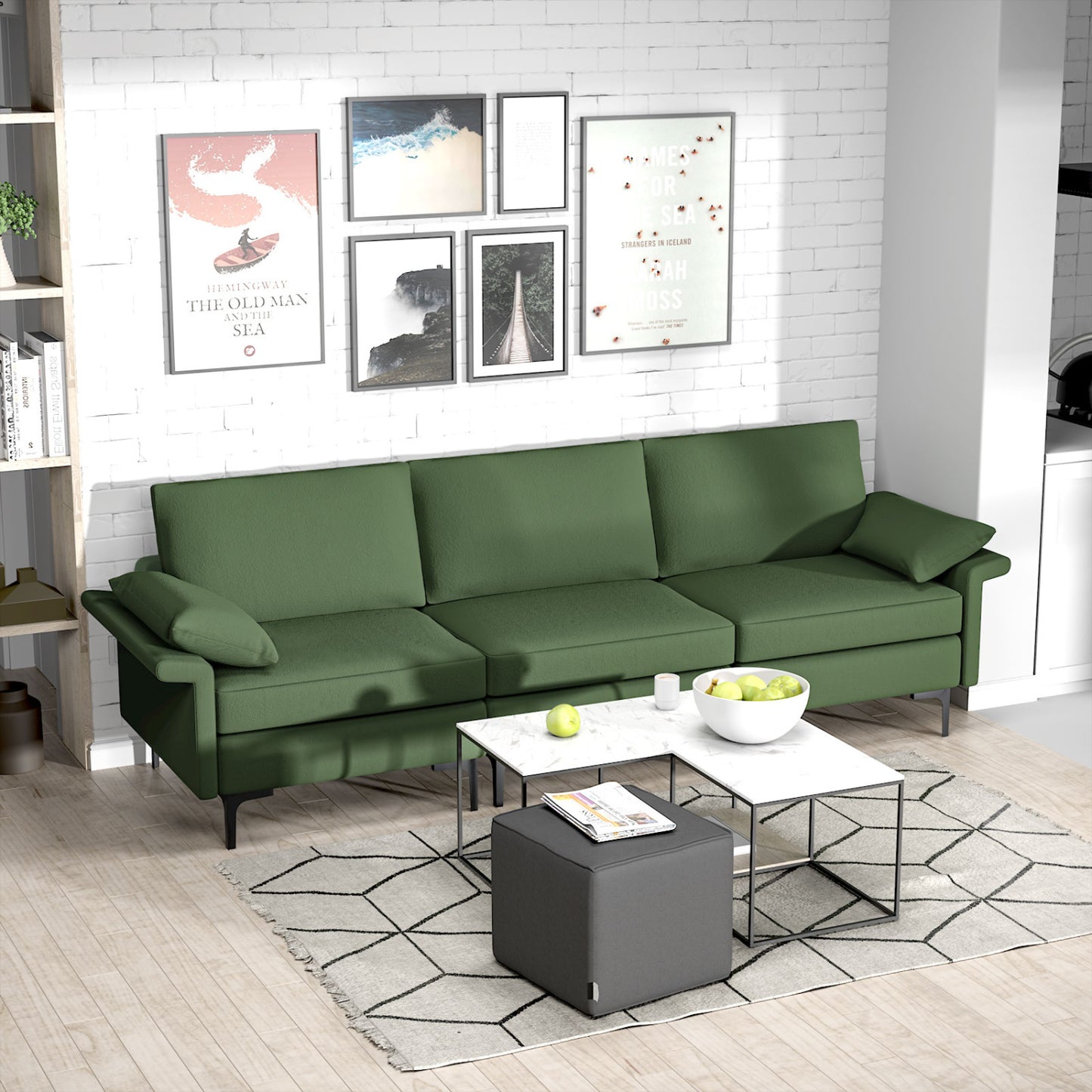 Large 3-Seat Sofa Sectional, Metal Legs, 2 USB Ports, Army Green Sofas & Loveseats at Gallery Canada