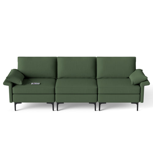 Large 3-Seat Sofa Sectional, Metal Legs, 2 USB Ports, Army Green