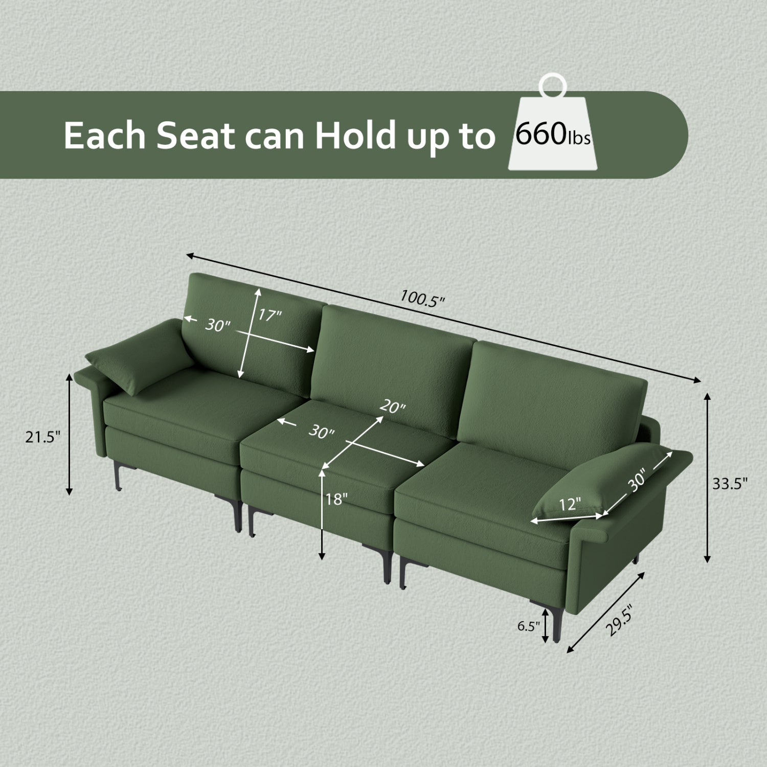 Large 3-Seat Sofa Sectional, Metal Legs, 2 USB Ports, Army Green Sofas & Loveseats at Gallery Canada