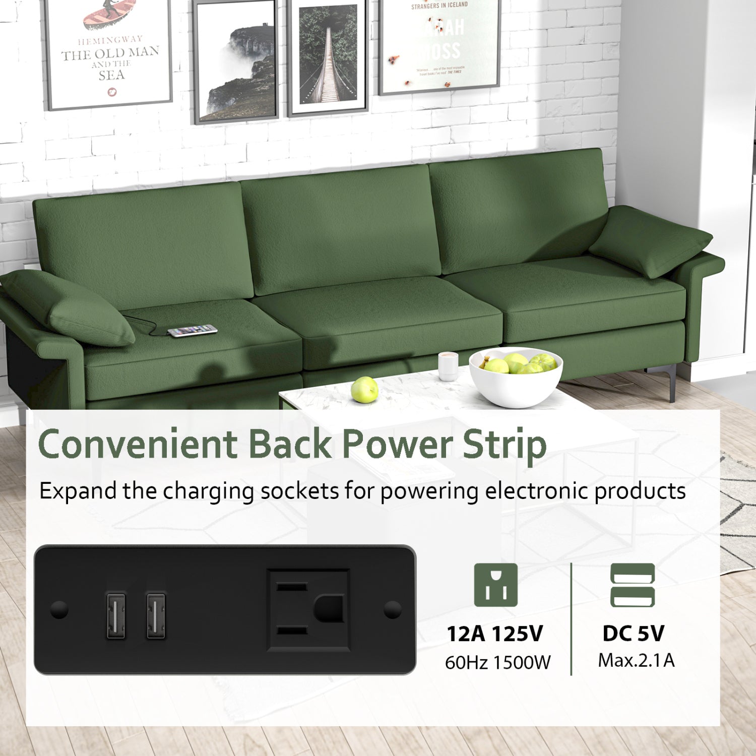 Large 3-Seat Sofa Sectional, Metal Legs, 2 USB Ports, Army Green Sofas & Loveseats at Gallery Canada