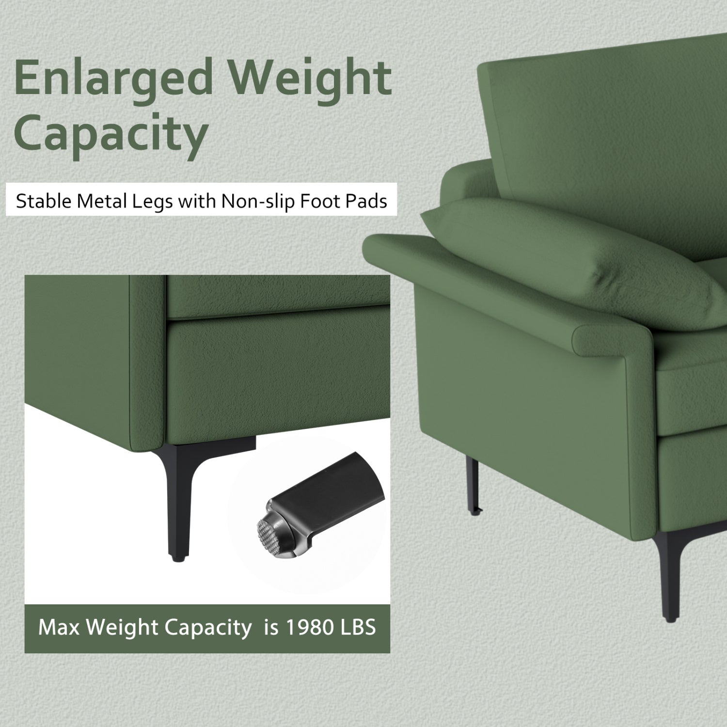 Large 3-Seat Sofa Sectional, Metal Legs, 2 USB Ports, Army Green Sofas & Loveseats at Gallery Canada