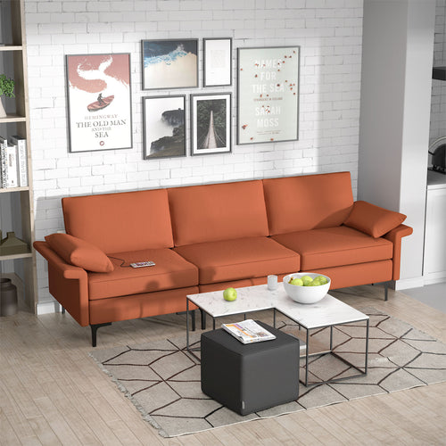 Large 3-Seat Sectional Sofa With Metal Legs, 2 USB Ports, Red
