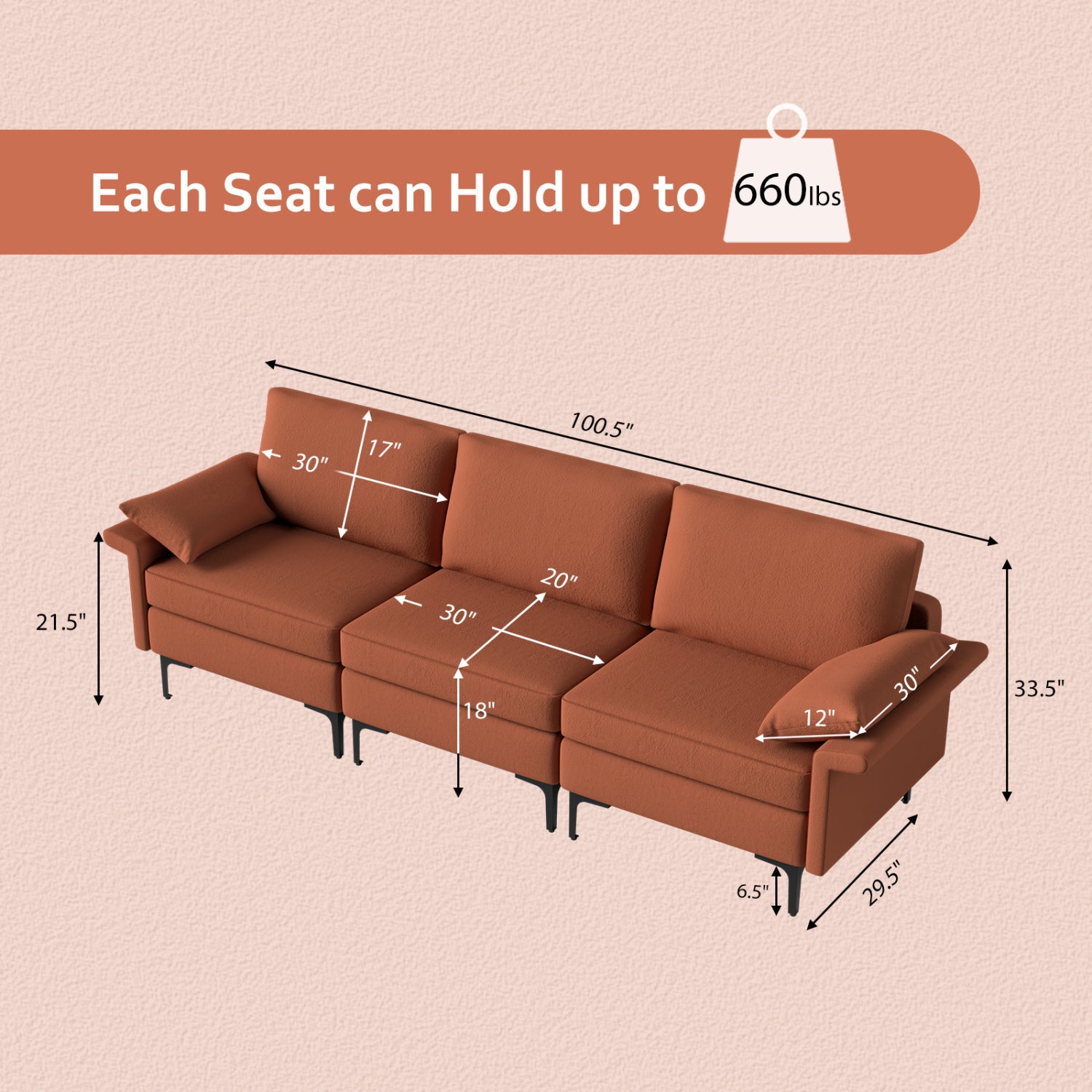 Large 3-Seat Sectional Sofa With Metal Legs, 2 USB Ports, Red Sofas & Loveseats at Gallery Canada