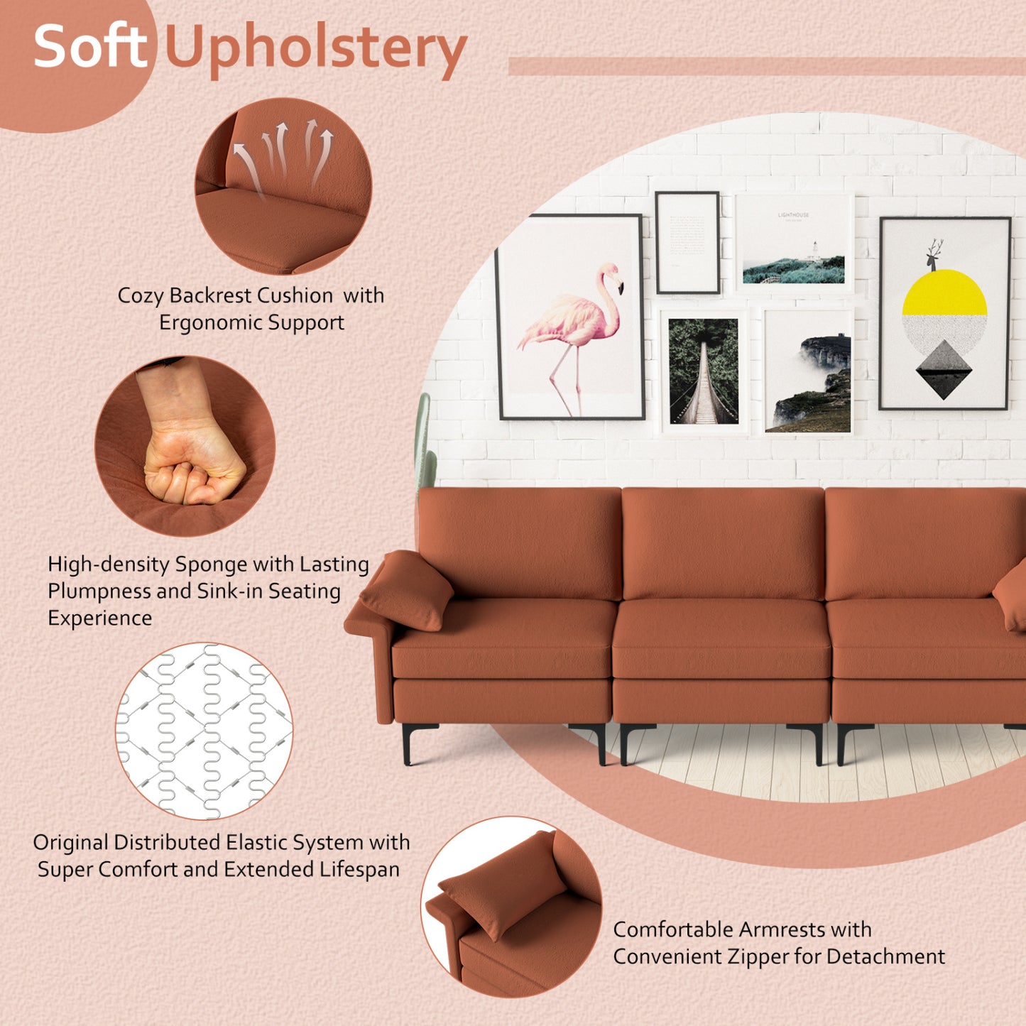 Large 3-Seat Sectional Sofa With Metal Legs, 2 USB Ports, Red Sofas & Loveseats at Gallery Canada