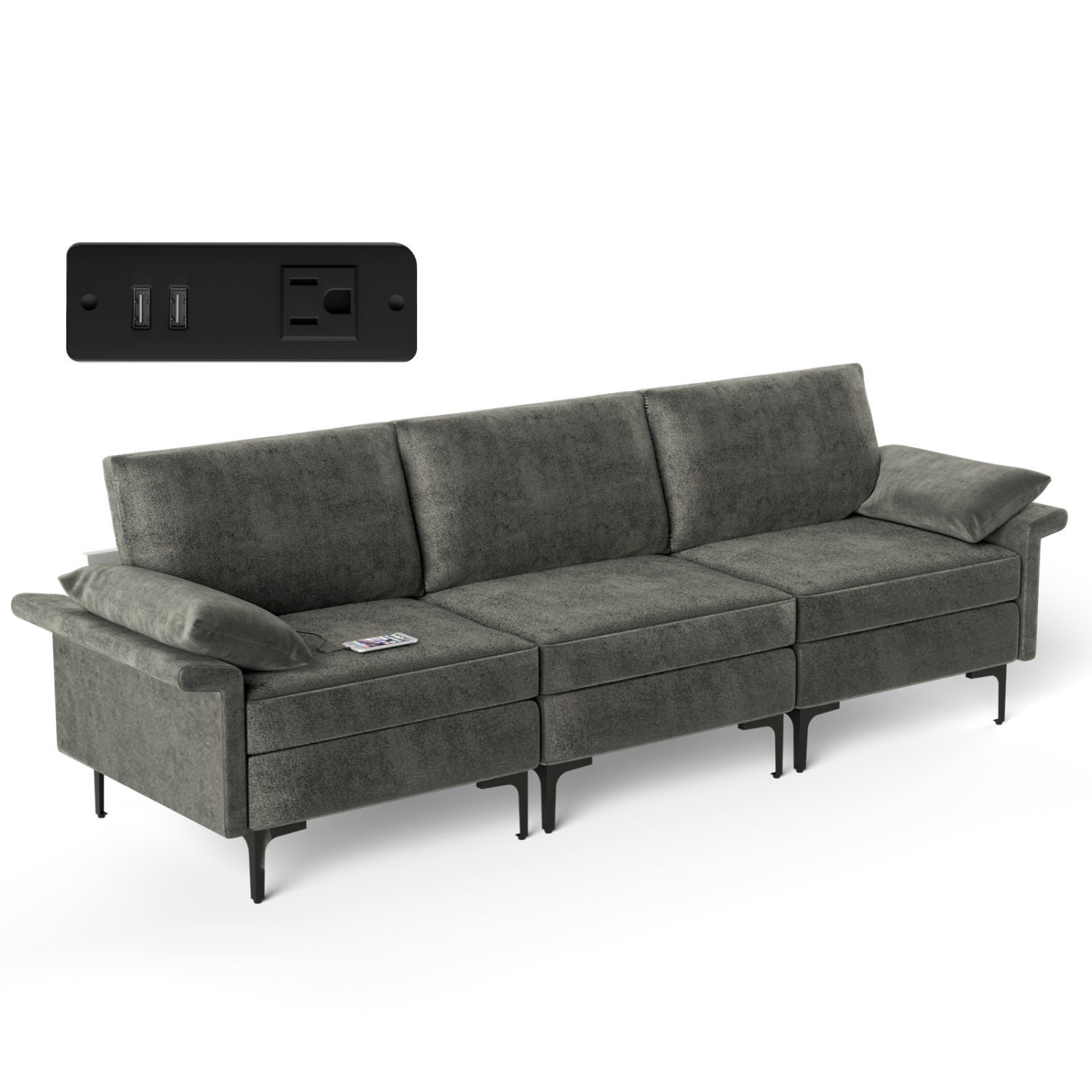 Large 3-Seat Sectional Sofa, With Metal Legs And USB Ports, Gray Sofas & Loveseats at Gallery Canada