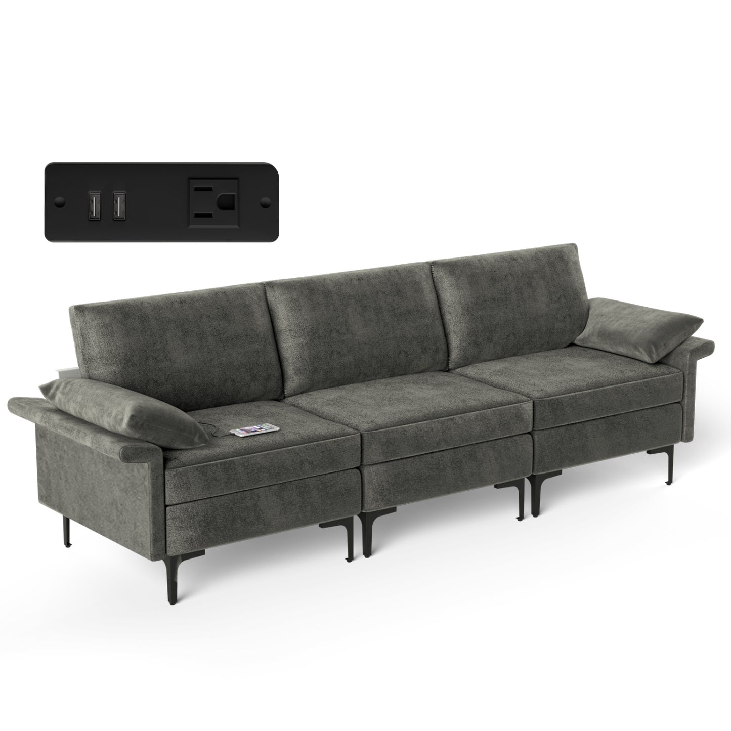 Large 3-Seat Sectional Sofa, With Metal Legs And USB Ports, Gray Sofas & Loveseats at Gallery Canada