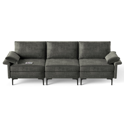 Large 3-Seat Sectional Sofa, With Metal Legs And USB Ports, Gray