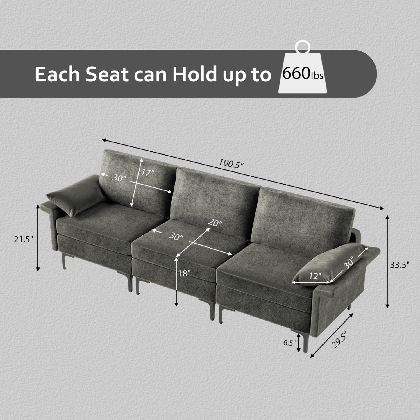Large 3-Seat Sectional Sofa, With Metal Legs And USB Ports, Gray Sofas & Loveseats at Gallery Canada