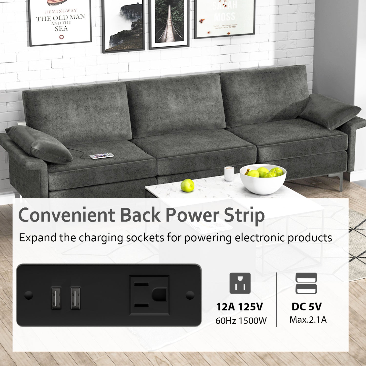 Large 3-Seat Sectional Sofa, With Metal Legs And USB Ports, Gray Sofas & Loveseats at Gallery Canada