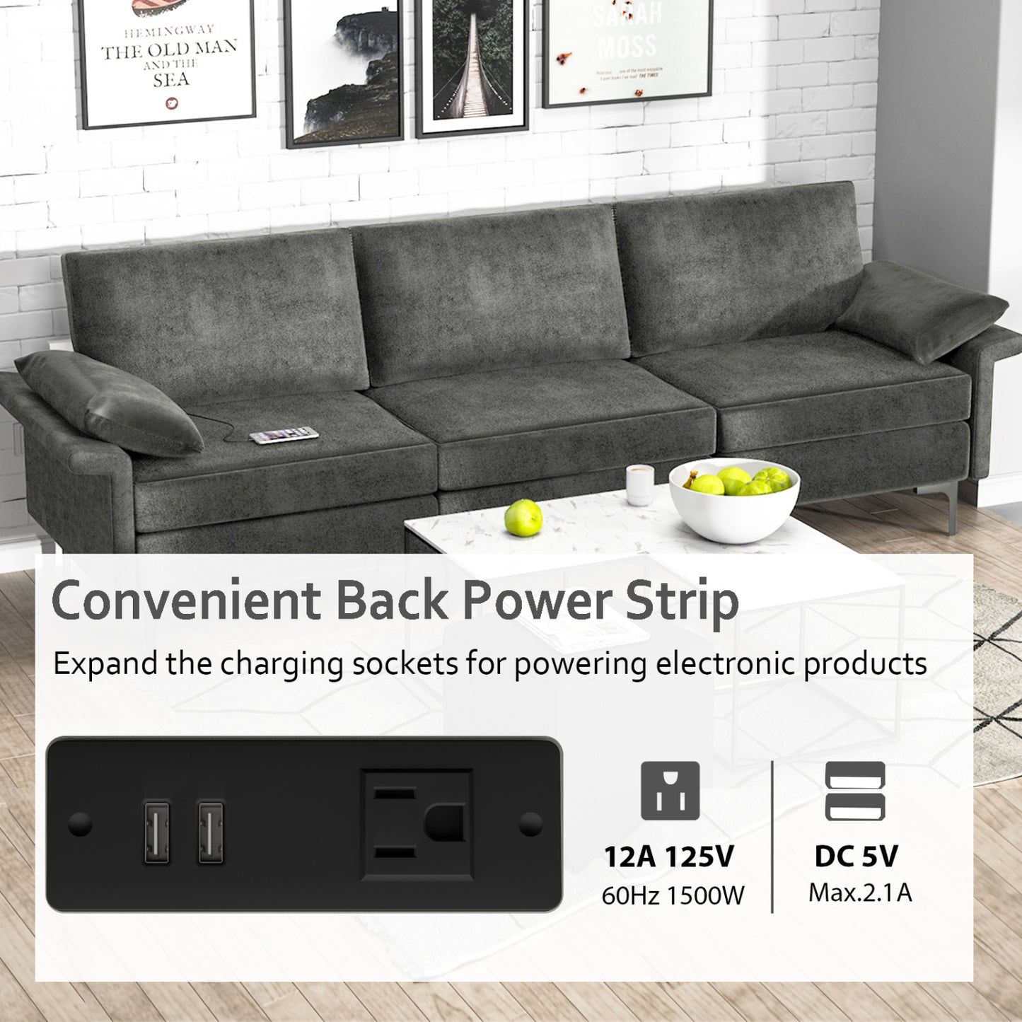 Large 3-Seat Sectional Sofa, With Metal Legs And USB Ports, Gray Sofas & Loveseats at Gallery Canada